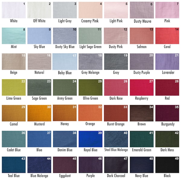 Linen fabric swatches, 49 different colours