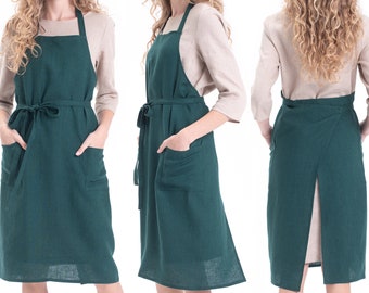 Linen apron with ties in Emerald green. Apron for women or man with pockets. Apron for kitchen, gardening. Many colour Apron. Classic apron