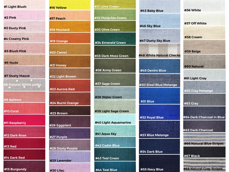 May include: A color chart of 68 fabric swatches with corresponding numbers and names. The swatches are arranged in columns and rows, with each swatch representing a different color or pattern. The colors range from light blush to dark charcoal, and the patterns include polka dots, stripes, and checks.