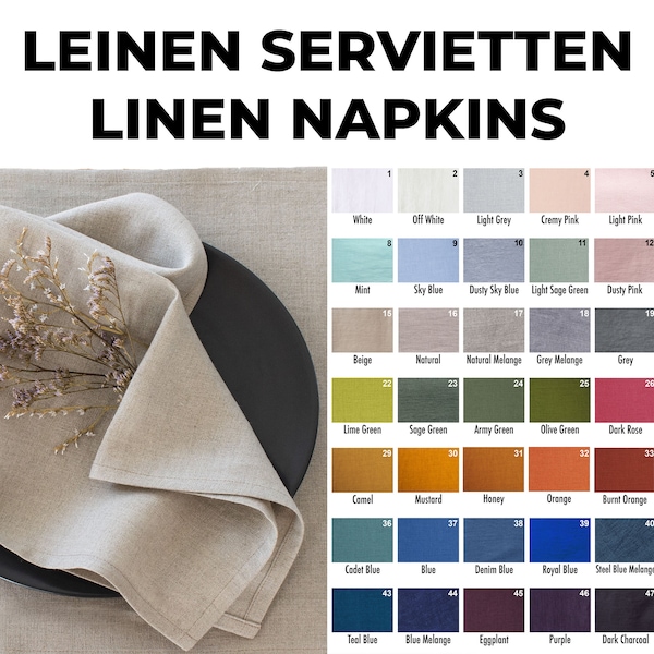 Linen Napkins sets in various colours and sizes. Cocktail napkins. Tea Napkins. Lunch Napkins. Dinner Napkins. Large Dinner Napkins