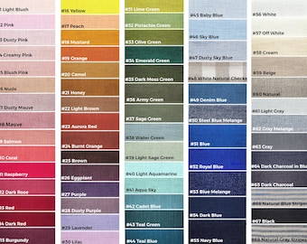 May include: A color chart with 68 fabric swatches, each with a number and a color name. The swatches are arranged in columns, with each column representing a different color family. The colors include light blush, pink, dusty pink, creamy pink, blush pink, nude, dusty mauve, mauve, salmon, coral, raspberry, dark rose, red, dark red, burgundy, yellow, peach, mustard, orange, camel, honey, light brown, aurora red, burnt orange, brown, eggplant, purple, dusty purple, lavender, lilac, lime green, pistachio green, olive green, emerald green, dark moss green, army green, sage green, water green, light sage green, light aquamarine, aqua sky, cadet blue, teal green, teal blue, baby blue, sky blue, dusty sky blue, white natural checks, denim blue, steel blue melange, blue, royal blue, blue melange, dark blue, navy blue, white, off white, cream, beige, natural, light gray, gray melange, gray, dark charcoal in blue, dark charcoal, natural blue stripes, black, and natural gray stripes.