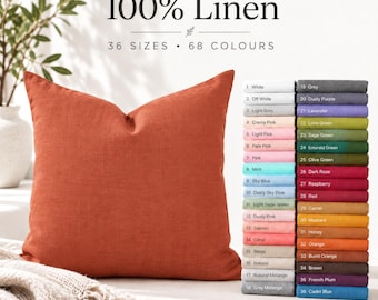Peut inclure: Une housse de coussin carrée en lin orange brûlé présentée à côté d'un nuancier vertical. Le texte indique 100% Linen, 36 Sizes, 68 Colours, et liste divers noms de couleurs de 1 White à 36 Cadet Blue sur deux colonnes.