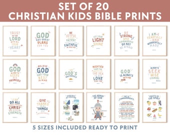 May include: Set of 20 printable Christian kids Bible verse posters. The posters feature colorful illustrations and inspirational quotes. The posters are ready to print in 5 different sizes.