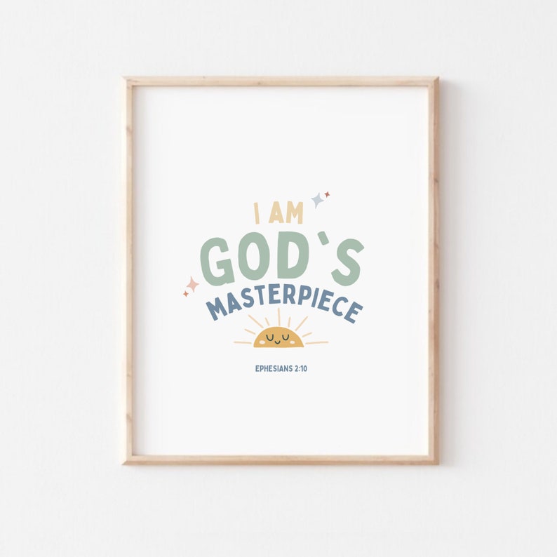 K&ouml;nnte beinhalten: Ein gerahmter Druck mit wei&szlig;em Hintergrund und einem farbenfrohen Design. Das Design zeigt den Text "Ich bin Gottes Meisterwerk" mit einer l&auml;chelnden Sonne und dem Bibelvers "Epheser 2:10".