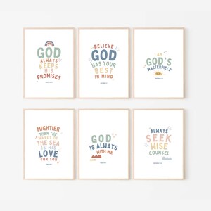 May include: Six printable wall art prints with inspirational quotes about God. The prints feature colorful text and illustrations with a modern, minimalist style. The quotes include "God Always Keeps His Promises", "Believe God Has Your Best In Mind", "I Am God's Masterpiece", "Mightier Than The Waves Of The Sea Is His Love For You", "God Is Always With Me", and "Always Seek Wise Counsel".