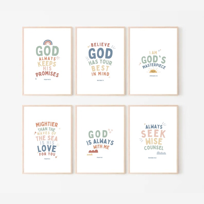 May include: Six printable wall art prints with inspirational quotes about God. The prints feature colorful text and illustrations with a modern, minimalist style. The quotes include "God Always Keeps His Promises", "Believe God Has Your Best In Mind", "I Am God's Masterpiece", "Mightier Than The Waves Of The Sea Is His Love For You", "God Is Always With Me", and "Always Seek Wise Counsel".