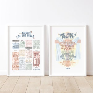 May include: Two printable posters with a watercolor design. The first poster lists the books of the Bible in a colorful, organized format. The second poster features a watercolor illustration of a cross and the Lord's Prayer.