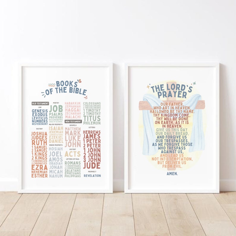 May include: Two printable posters with a watercolor design. The first poster lists the books of the Bible in a colorful, organized format. The second poster features a watercolor illustration of a cross and the Lord's Prayer.