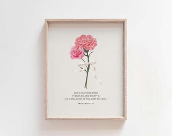 Proverbs 31:25 Print, She Is Clothed with Strength, Christian Wall Art, Bible Verse Printable, Faith Home Decor, Christian Mother's Day Gift