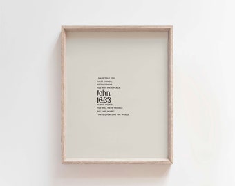 Impresión del versículo bíblico de Juan 16:33, arte mural cristiano minimalista (descarga digital)