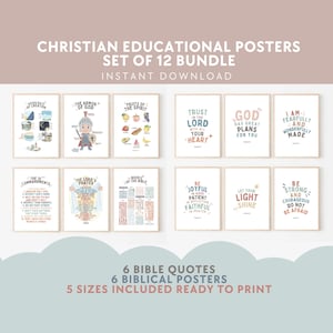 Paquete de carteles educativos cristianos imprimibles, versículos bíblicos para niños, arte mural con carteles de las Escrituras, decoración de la escuela dominical de la iglesia, preescolar cristiano