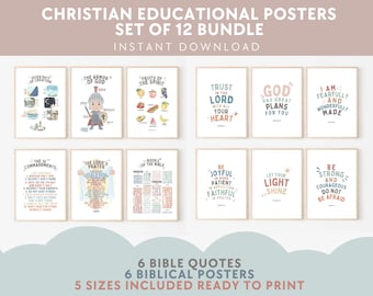 May include: A set of 12 printable Christian educational posters featuring Bible verses and illustrations. The posters are in a variety of colors and styles, and include topics such as the Ten Commandments, the Lord's Prayer, and the Fruits of the Spirit. The posters are ready to print in 5 different sizes.