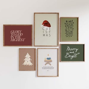 May include: A set of six printable Christmas wall art prints with a variety of designs, including a Christmas tree, a nativity scene, and a quote about the birth of Jesus. The prints are in a minimalist style with a neutral color palette of brown, green, and white.