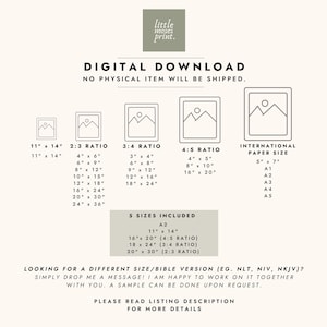 May include: Digital download graphic showing five different sizes of printable art prints, including 11x14 inches, 16x20 inches, 18x24 inches, and 20x30 inches. The graphic also includes international paper sizes A2, A1, A3, A4, and A5. The text "Digital Download" is at the top of the graphic, and the text "No physical item will be shipped" is below it.