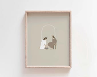 Jesús lava los pies de sus discípulos, Juan 13:12, Dibujos bíblicos, Arte bíblico de Pascua, Impresión de arte cristiano moderno, Arte mural con ilustraciones bíblicas
