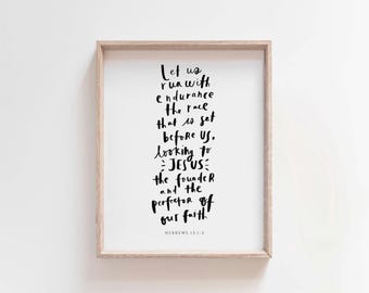 Hebrews 12:1-2 Wall Art, Run With Endurance Scripture Print, Christian Bible Verse Poster, Hand Lettered Modern Faith Printable