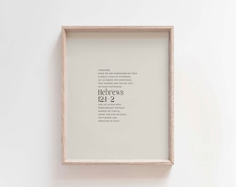 Hebrews 12:1-2 Let us run with endurance the race, modern minimalist scripture, bible verse wall art, christian home wall decor