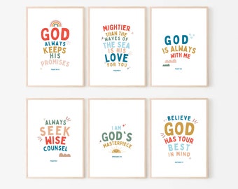 Set de impresiones de versículos bíblicos cristianos para niños: Decoración bíblica para habitación infantil (descarga digital)