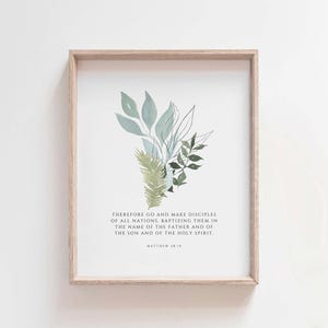 Impression Matthieu 28:19, oeuvre d&#39;art murale grande commande, verset de la Bible chrétienne imprimable, décoration écriture de baptême, oeuvre de foi minimaliste