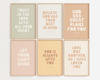 May include: Six printable wall art prints with inspirational quotes and bible verses in a modern, minimalist style. The prints feature a light peach, light yellow, and light green background with white text in a rounded font.
