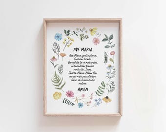 Impresión del Ave María: Oración en latín, arte floral católico para pared (descarga digital)