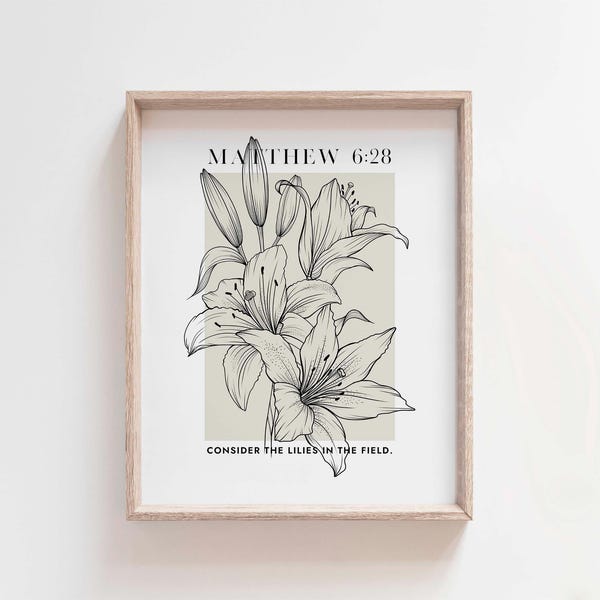 Stampa di gigli di Matteo 6:28, arte murale cristiana minimalista (download digitale)