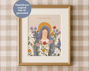 Marian Floral Art Print: Catholic Virgin Mary Decor (Digital Download)
