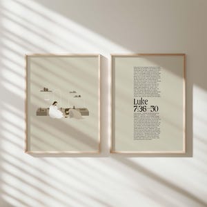 May include: A beige printable art print with a minimalist illustration of Jesus washing the feet of a woman. The print includes the text "Luke 7:36-50".