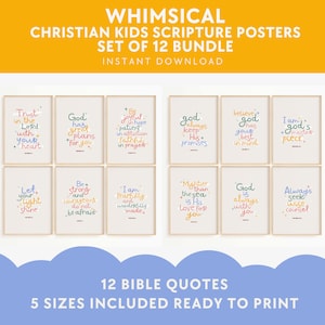 Set of 12 Bible Verse Posters For Kids Rooms, Christian Nursery Wall Decore, Sunday School Classroom Decoration, Kids Bible Verse Wallart