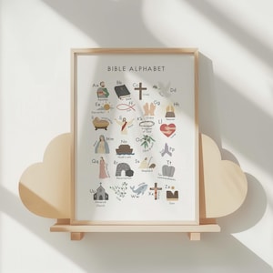 Póster del alfabeto bíblico, impresión cristiana del ABC para niños, arte mural cristiano para guardería, tabla de aprendizaje de las Escrituras para la educación en casa o la iglesia