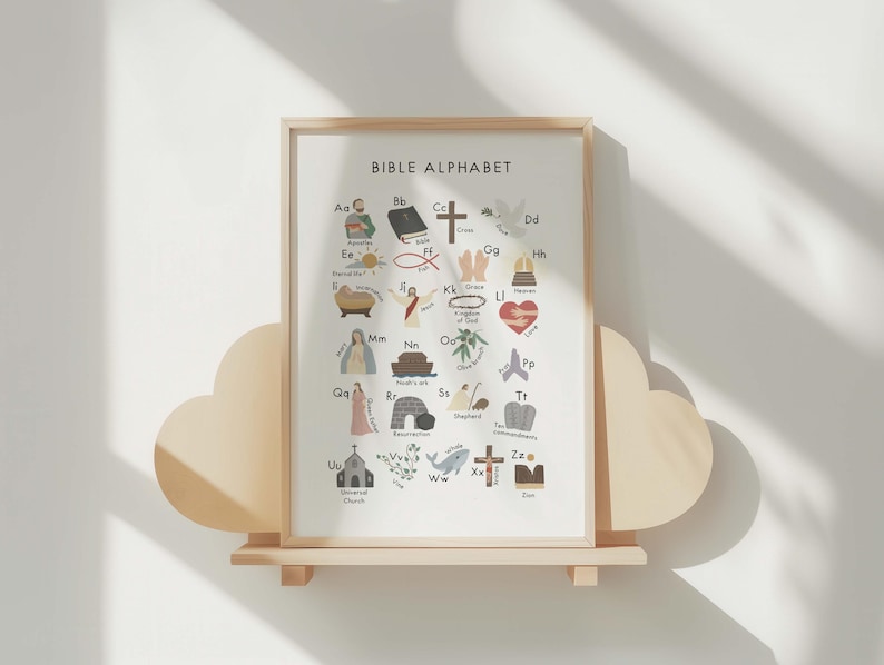 May include: A framed "BIBLE ALPHABET" print with colorful illustrations for each letter, displayed on a light wood cloud-shaped shelf. The print features images like a cross, a heart, and a church, perfect for a child's room or religious education.