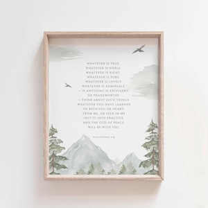 Filipenses 4:8 Todo lo que es verdadero, todo lo que es noble, arte de pared con versículo bíblico de las Escrituras, decoración de pared cristiana para el hogar imprimible