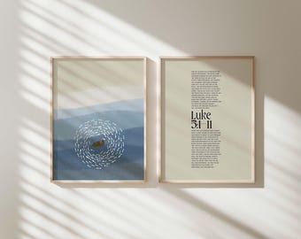 Set Of 2 Jesus And The Miraculous Catch Of Fish, Luke 5, Christian Modern Art, Bible Sketches, Bible Wall Art, Coastal Christian Home Decor