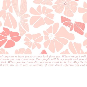 May include: A floral pattern in shades of pink and white. The design features stylized flowers of varying sizes and shapes. Text in a script font is visible at the bottom, with a quote about loyalty and devotion.