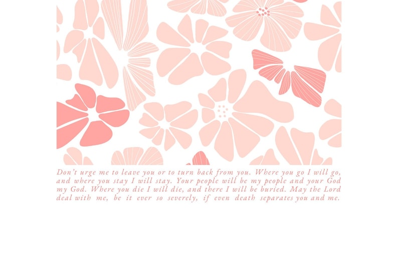 May include: A floral pattern in shades of pink and white. The design features stylized flowers of varying sizes and shapes. Text in a script font is visible at the bottom, with a quote about loyalty and devotion.