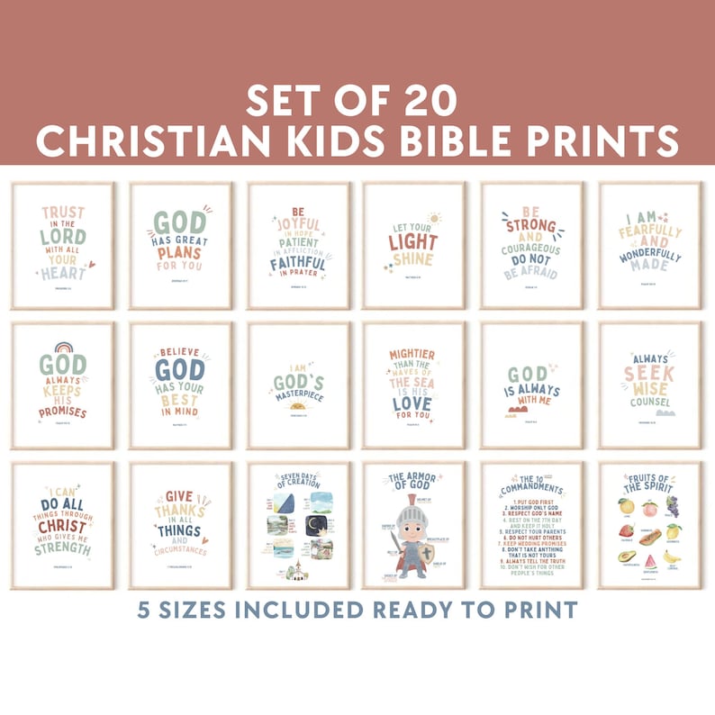 May include: Set of 20 printable Christian kids Bible verse posters. The posters feature colorful illustrations and inspirational quotes. The posters are ready to print in 5 different sizes.