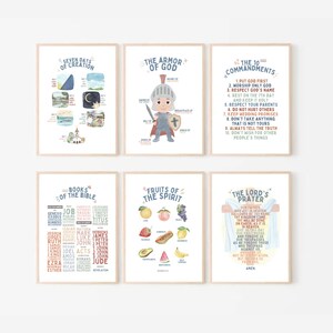 May include: Set of six illustrated printable posters with a Christian theme. The posters feature colorful illustrations of the seven days of creation, the armor of God, the 10 commandments, the books of the Bible, the fruits of the spirit, and the Lord's prayer.