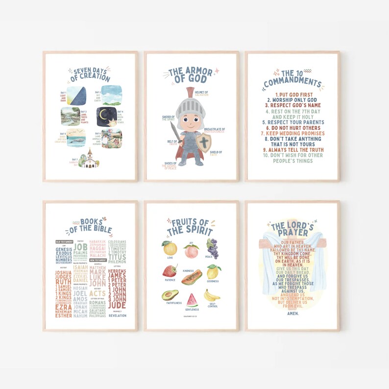 May include: Set of six illustrated printable posters with a Christian theme. The posters feature colorful illustrations of the seven days of creation, the armor of God, the 10 commandments, the books of the Bible, the fruits of the spirit, and the Lord's prayer.