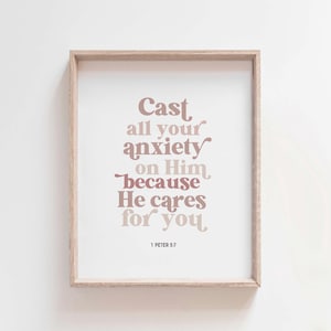 1 Peter 5:7 Bible Verse Wall Art, Cast All Your Anxiety Scripture Print, Christian Encouragement Minimalist Pastel Typography