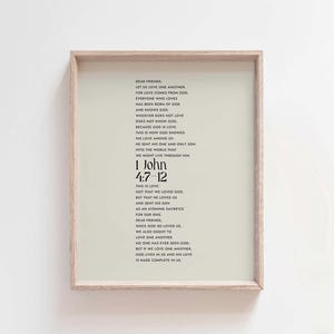 1 Juan 4:7-12 Amémonos unos a otros, porque el amor es de Dios, versículo bíblico minimalista moderno, arte de pared, decoración cristiana para el hogar.