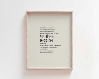Matteus 6:33-34 Skrifttryck, minimalistisk bibelversväggkonst (digital nedladdning)