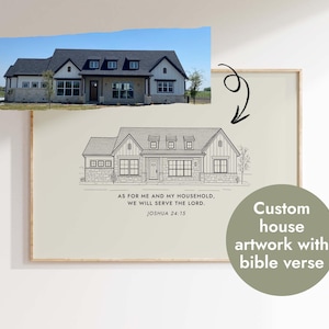 May include: A black and white line drawing of a house with the bible verse "As for me and my household, we will serve the Lord. Joshua 24:15" printed below. The drawing is on a beige background with a wooden frame.
