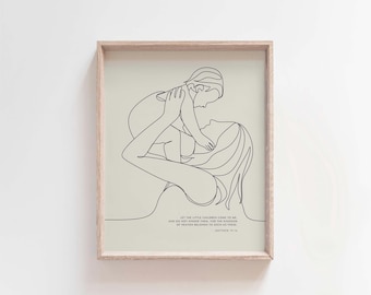 Matthew 19:14, Christian Nursery Art, Little Children Come, Mother and Child Art, Line Drawing Print, Scripture Poster, Faith Wall Decor