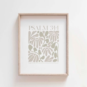 Psalm 34:4 Bible Verse Wall Art, He Delivered Me From All My Fears Printable, Christian Floral Scripture Minimalist Home Decor