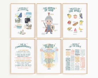 May include: A set of six printable posters with colorful illustrations and text. The posters feature themes from the Bible, including the Seven Days of Creation, the Armor of God, the Fruits of the Spirit, the Ten Commandments, the Lord's Prayer, and the Books of the Bible.