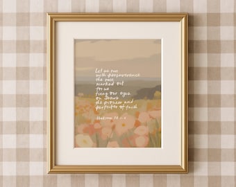 Hebrews 12:1-2 Wall Art, Run With Endurance Scripture Print, Christian Bible Verse Poster, Hand Lettered Modern Christian Home Decor