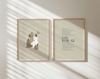 Set of 2 Mary and Martha, Luke 10:38-42, Jesus at Bethany, Christian Wall Art, Modern Christian Art, Bible Sketches, Christian Home Decor
