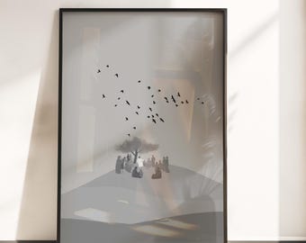 Observa las aves, Mateo 6:26, Sermón del Monte, Dibujo bíblico monocromático, Enseñanza de Jesús, Arte cristiano moderno, Ilustración bíblica impresa