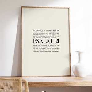 May include: A black and white printable wall art print with the text "I lift up my eyes to the mountains - where does my help come from? My help comes from the Lord, the maker of heaven and earth. He will not let your foot slip - he who watches over you will not slumber; indeed, he who watches over Israel will neither slumber nor sleep. Psalm 121 The Lord watches over you - the Lord is your shade at your right hand; the sun will not harm you by day, nor the moon by night. The Lord will keep you from all harm - he will watch over your life; the Lord will watch over your coming and going both now and forevermore."