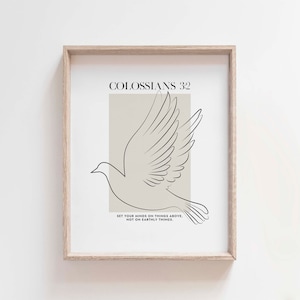 Arte mural de Colosenses 3:2, impresión cristiana minimalista con versículo bíblico de la paloma, póster con cita bíblica, imprimible con fe neutral, descarga digital